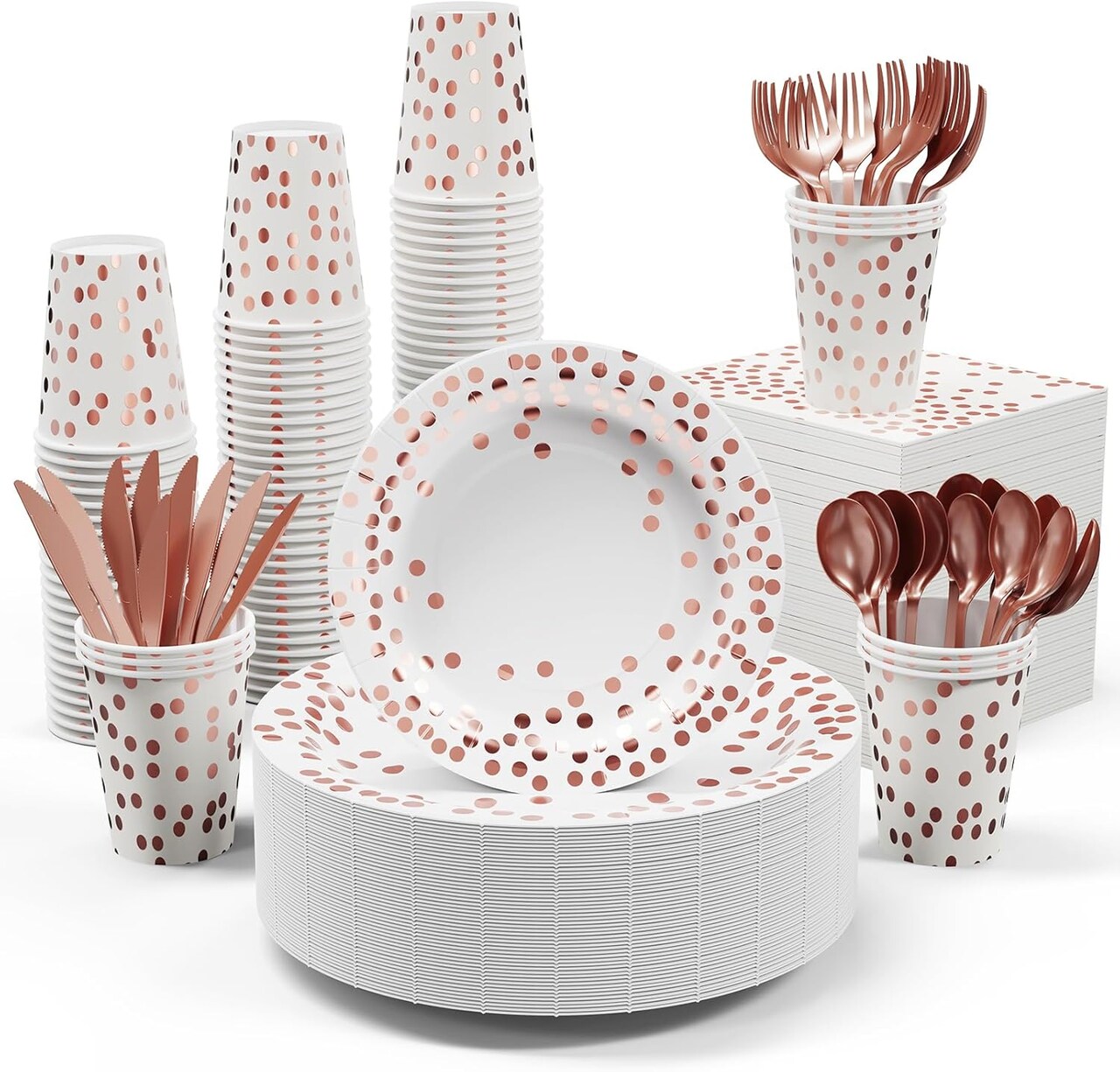 White and rose gold party supplies set, 350 pieces total, including white paper plates, napkins, cups, and gold plastic forks, knives, and spoons. Perfect for graduations, birthdays, cocktail parties, or any special event, offering a chic and elegant